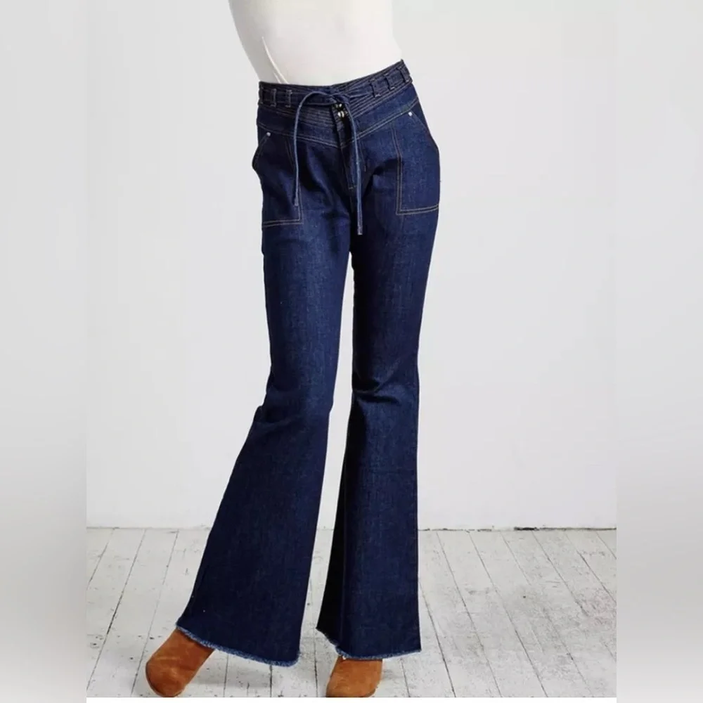 Some Days Lovin Orion High Waist Flare Jeans Fringed Dark Wash Tie Belt